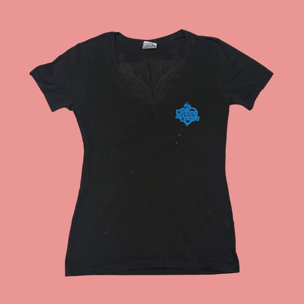 House of Blues Black V-Neck Graphic T-Shirt Blue Logo Back Print Womens Large